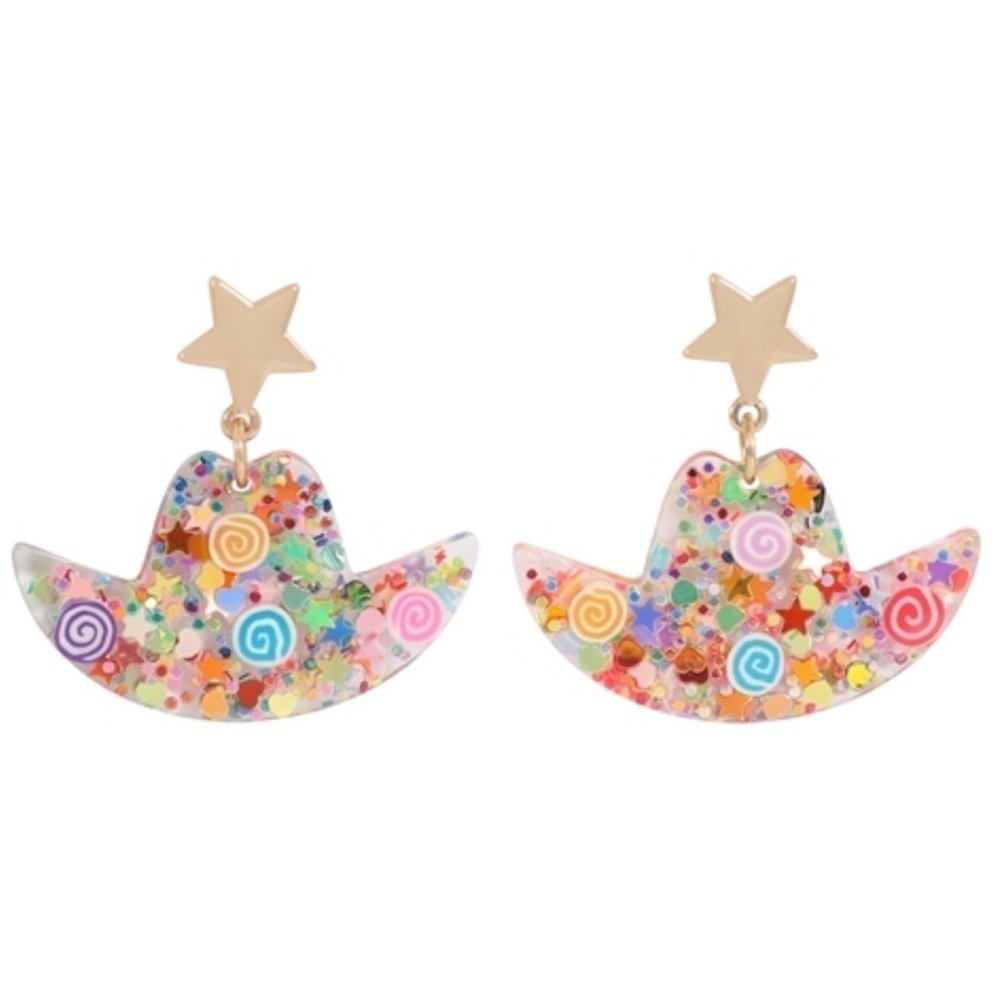 2/$30 - Resin Glitter Cowboy Hat Star Drop Earrings Pink Gold - Boutique - NWT